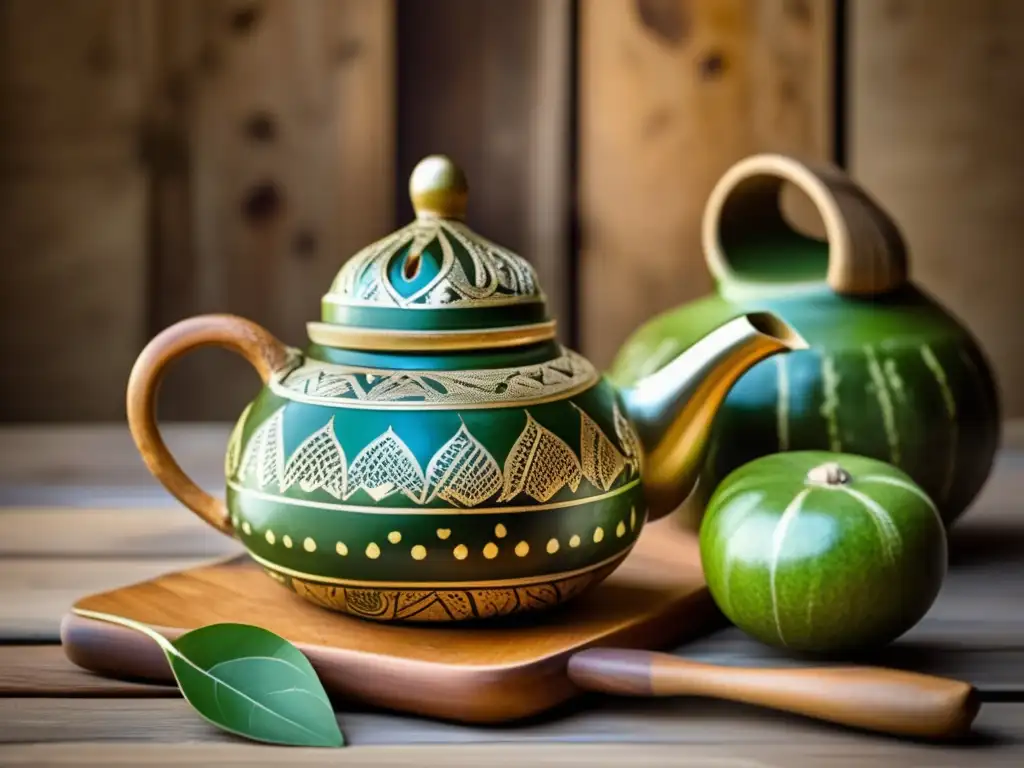 Set de yerba mate con mate y bombilla, decorado vintage, en una mesa de madera rústica