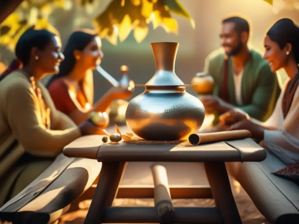 Mate como símbolo de amistad en una detallada imagen vintage de una ceremonia tradicional al aire libre con amigos compartiendo mate