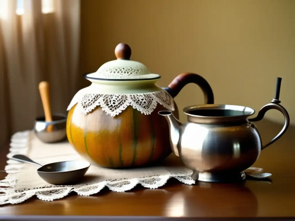 Mate como símbolo cultural rioplatense: una mesa vintage con mate, bombilla, yerba y cucharita, en un ambiente nostálgico y lleno de tradición