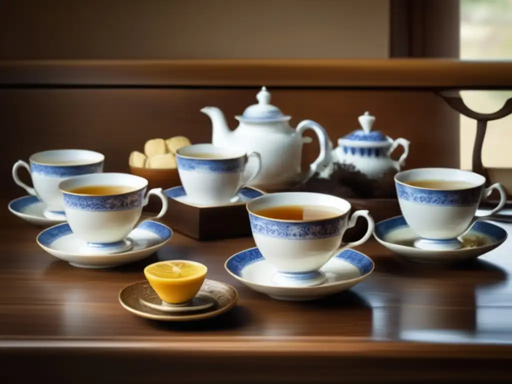 Síntomas alergia al mate: Un hermoso escenario vintage con una mesa de madera antigua, tazas de porcelana delicadas y mate humeante