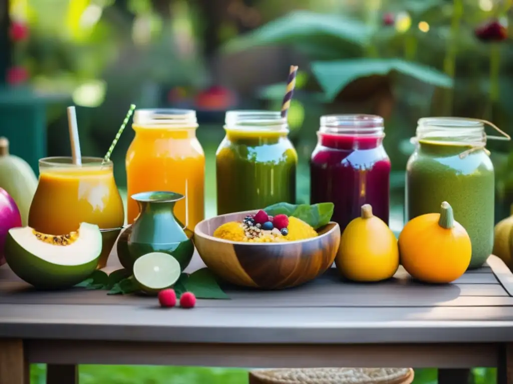 Smoothies y jugos para acompañar el mate en un jardín acogedor con una mesa de madera tradicional y variedad de colores y sabores en frascos