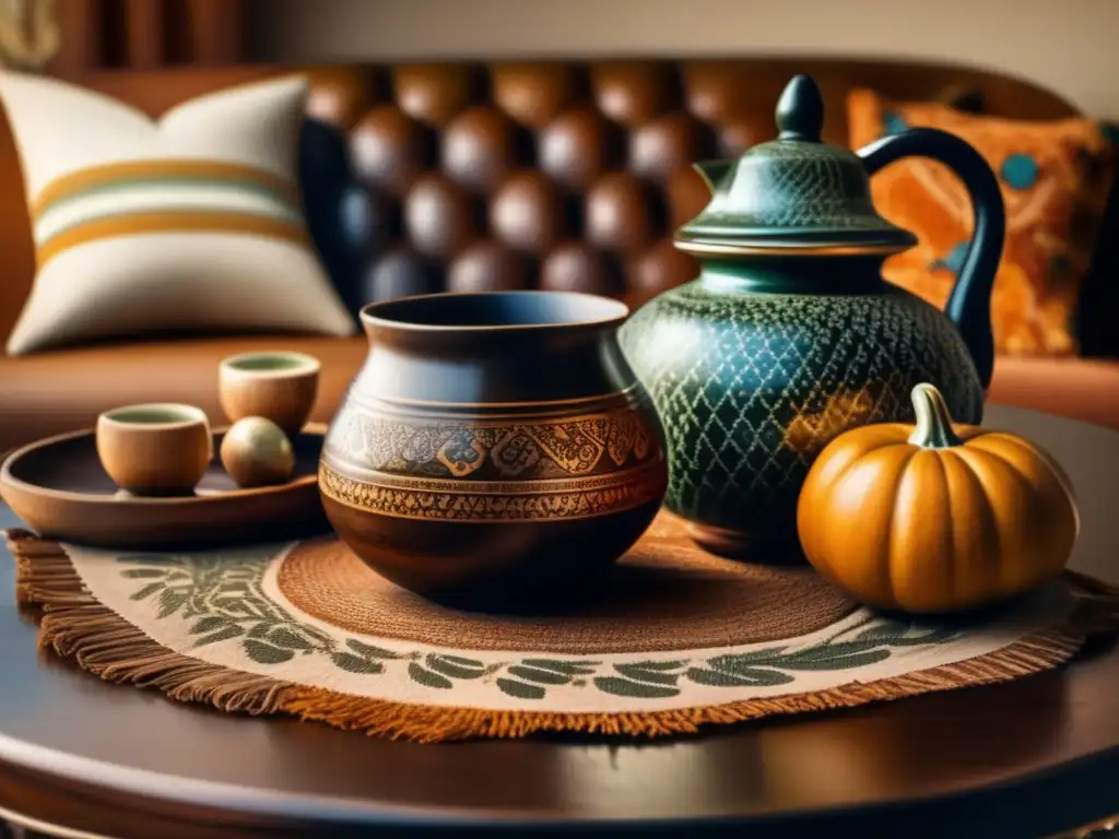 Snacks ideales para acompañar mate en un acogedor salón vintage con mesa de madera, mantel estampado y mate con detalles y patina rica