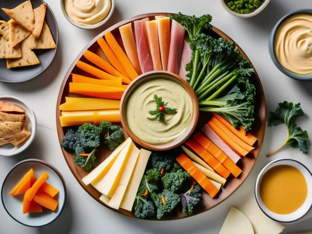 Snacks ideales para acompañar mate: plato de madera vintage con zanahorias, hummus, chips de kale, rolls de jamón y queso