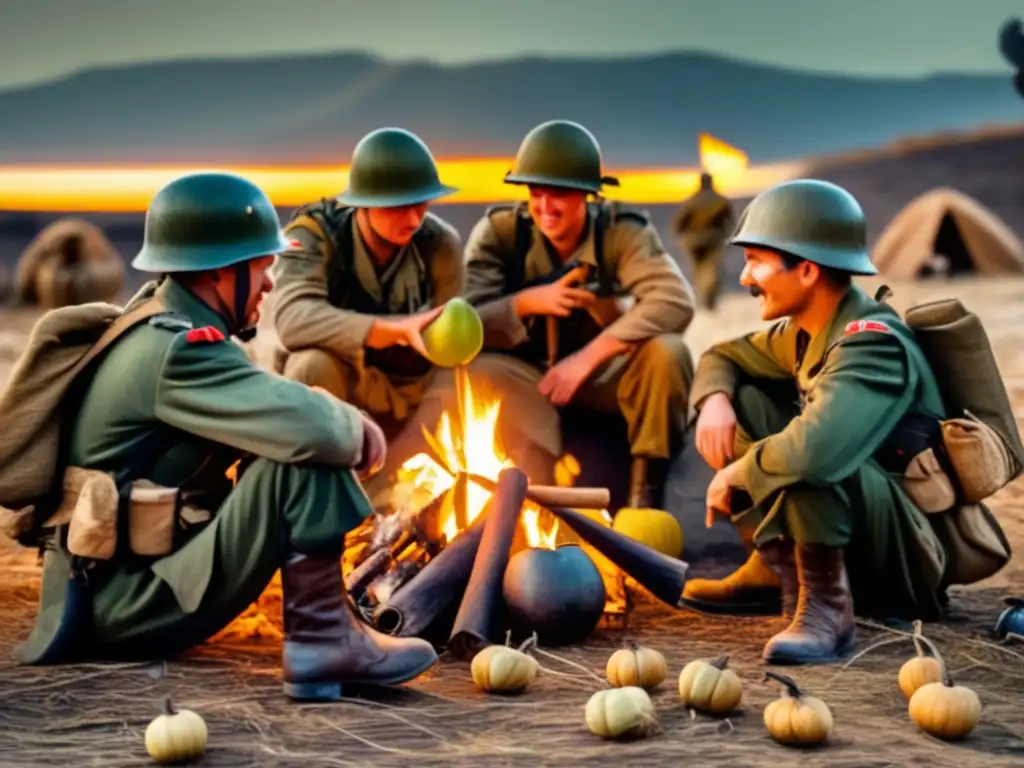 Soldados compartiendo mate en paisaje de guerra - Relatos de soldados sobre el mate