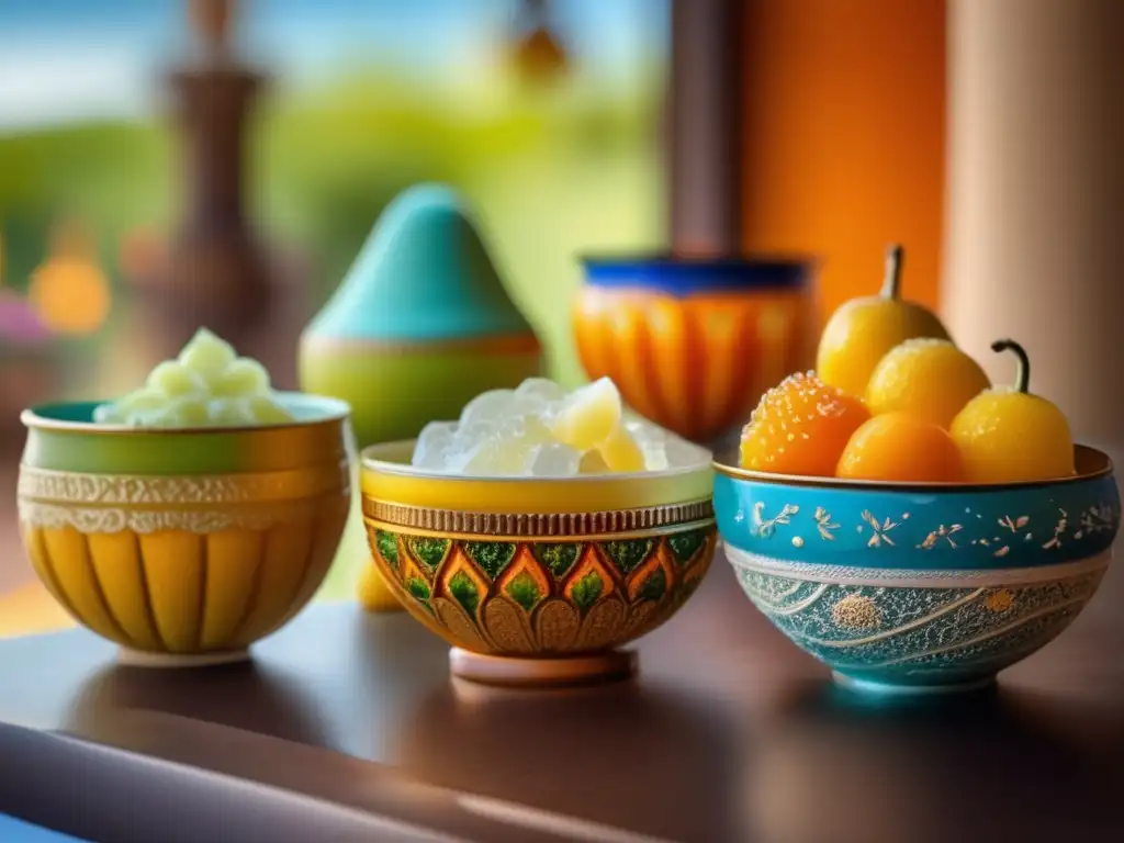 Sorbetes de mate artesanales en escena vibrante con frutas frescas y patrones decorativos