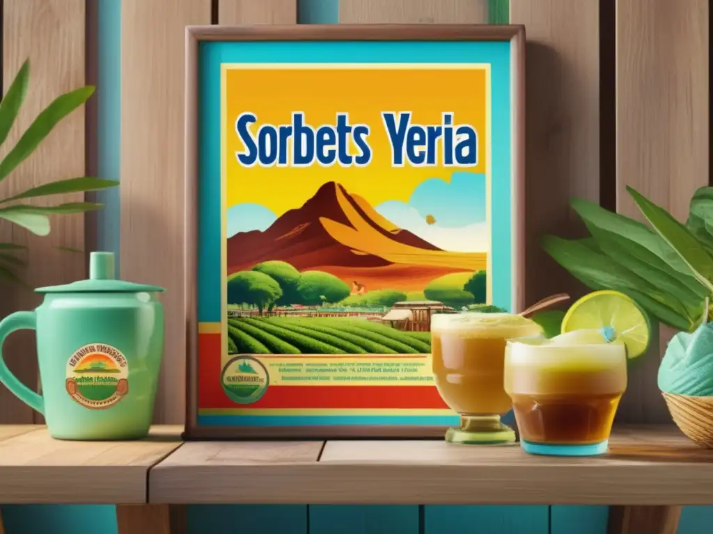 Sorbetes de yerba mate verano, anuncio vintage 8K con sabores y beneficios en carrito de madera