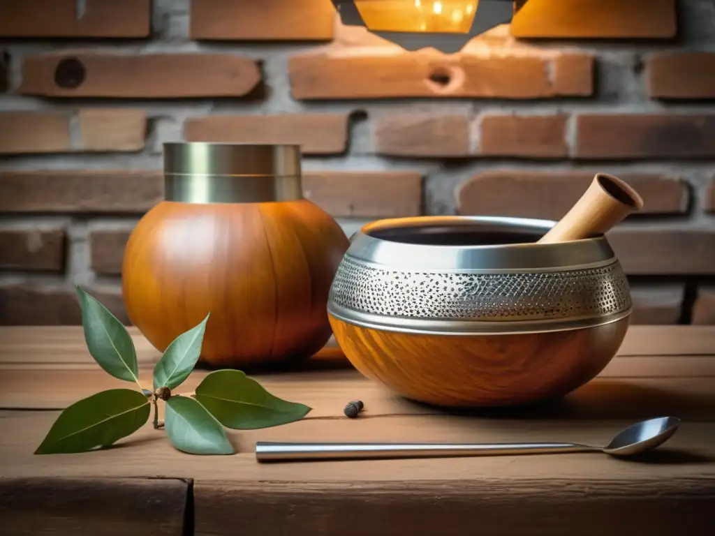 Promoción de la sostenibilidad a través del mate: mesa de madera antigua con set tradicional y cálida iluminación