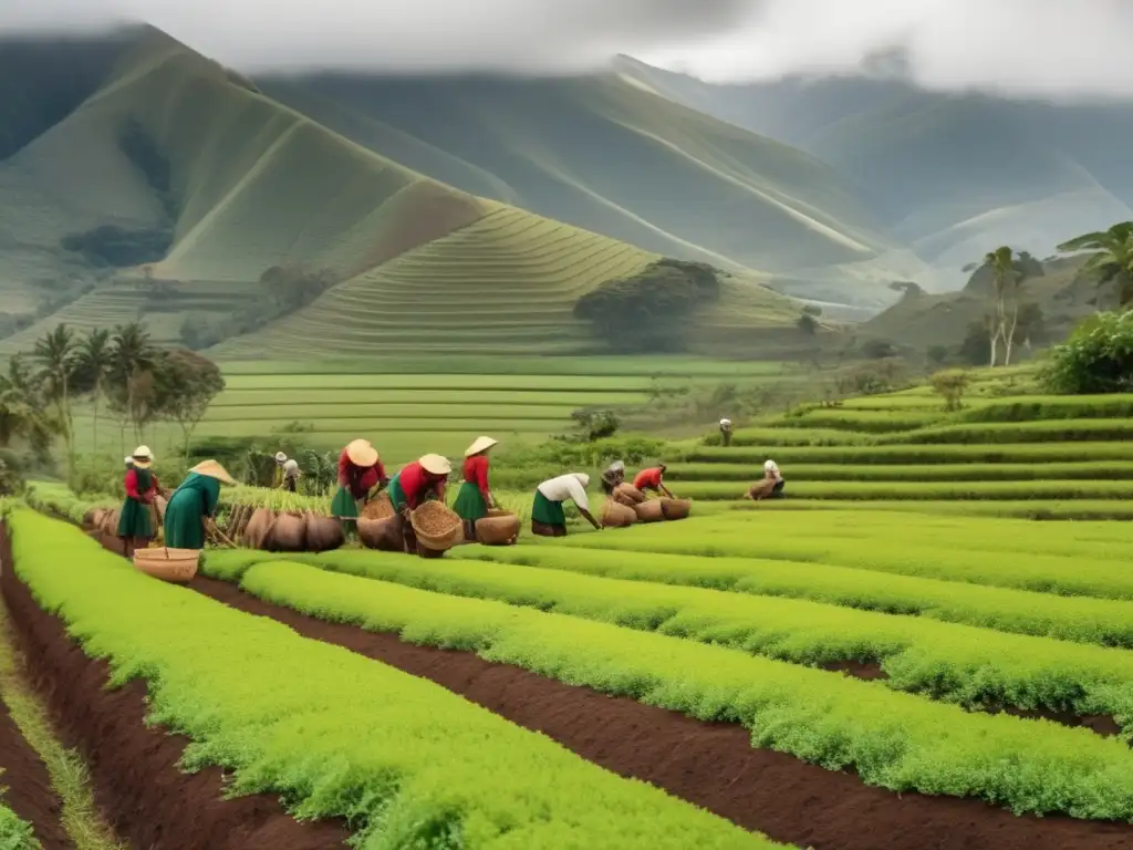 Producción sostenible de mate en la región rioplatense: trabajadores cosechando yerba mate en un paisaje vintage y pintoresco