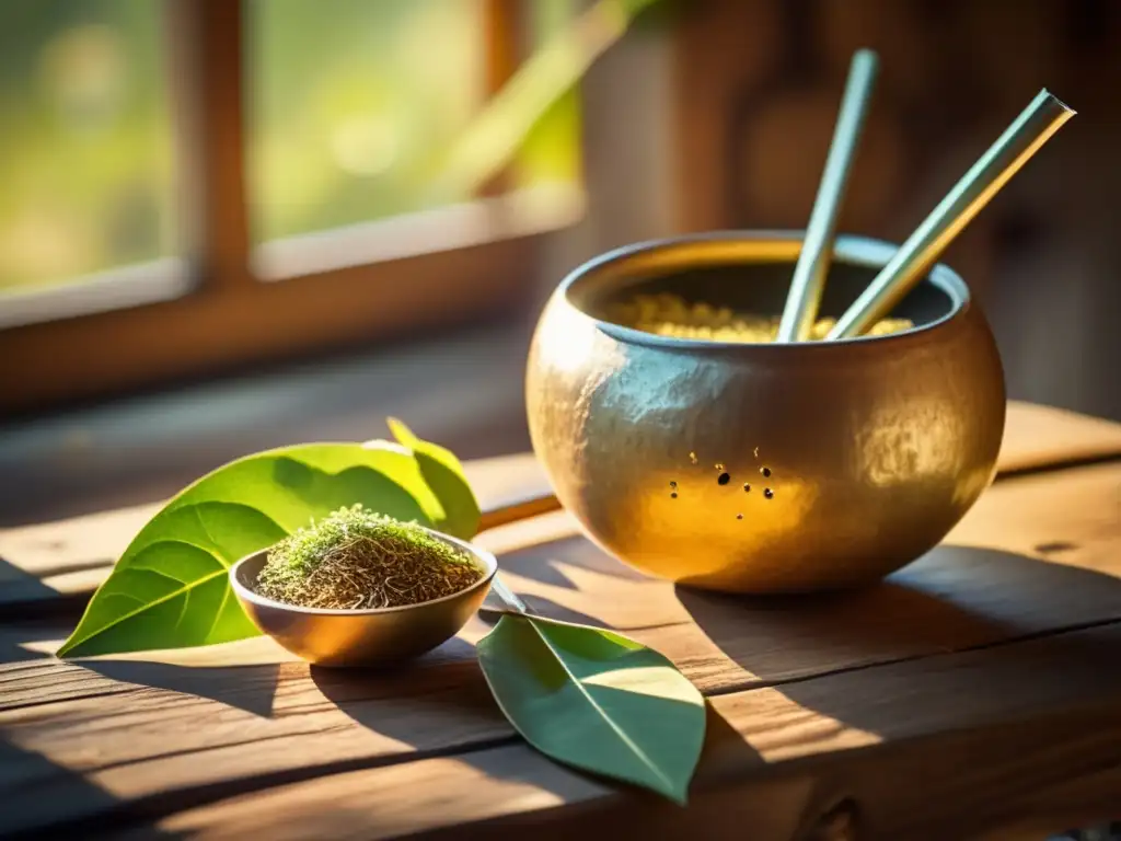 Taller intensivo de cebado de mate: gourd y bombilla en mesa, con luz solar y persona al fondo