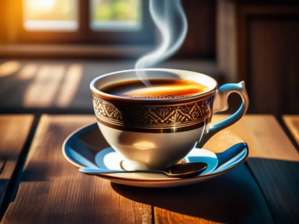 Taza de mate en mesa de madera con mantel vintage