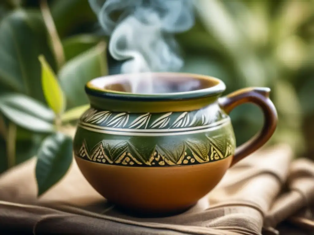 Taza de yerba mate con palo, cerámica rústica y diseños pintados a mano en tonos terrosos