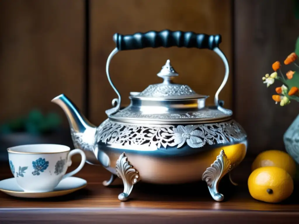 Teapot de plata vintage con diseño intricado y detalles florales, rodeado de tazas rioplatenses y libros antiguos