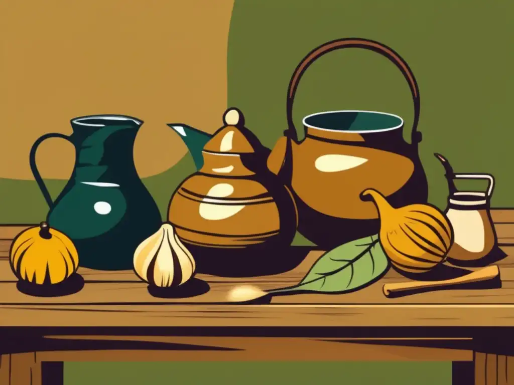 Ilustración vintage de técnicas ancestrales de cebado de mate en un ambiente campestre y tradicional