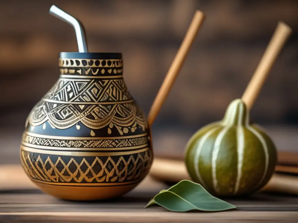 Técnicas de cebado del mate: Gourd y bombilla vintage en una mesa de madera rústica, con mate recién preparado y vapor