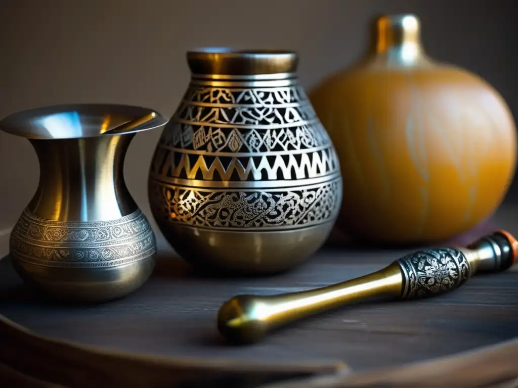 Técnicas de cebado del mate: Mate gourd y bombilla con diseño vintage y técnicas artesanales, patrones geométricos y ornamentos