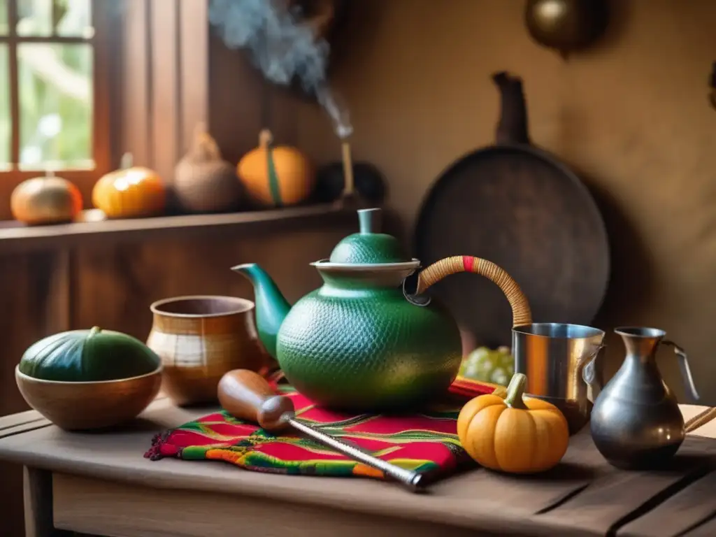 Técnicas de cebado de mate brasileñas: Ceremonia tradicional en una cocina rústica y acogedora con elementos vintage