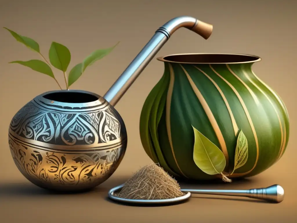 Técnicas de cebado del mate tradicional: ilustración detallada en alta resolución de una mate gourd y bombilla con yerba mate