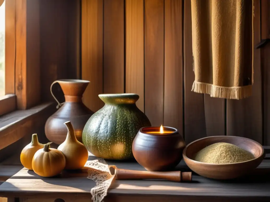 Técnicas de cebado del mate en una escena vintage de una ceremonia rioplatense tradicional en una acogedora cocina de madera