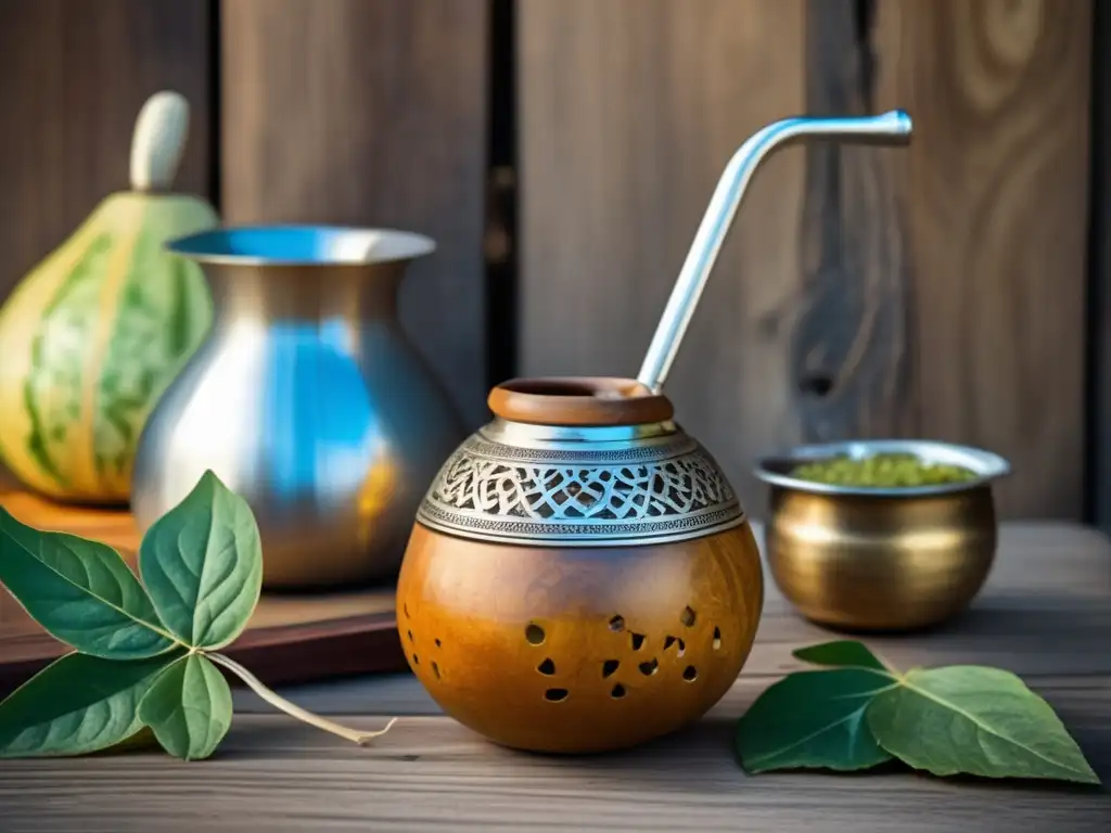 Técnicas de cebado de mate perfecto - Mate vintage en mesa de madera rústica con gourd tallado, yerba y bombilla de plata