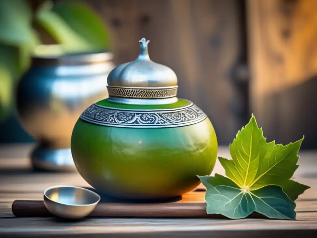 Técnicas para cebado perfecto del mate: vintage mate gourd with silver trimmings, yerba mate leaves, and bombilla