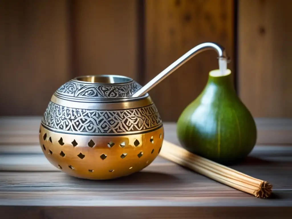 Técnicas para cebado perfecto del mate con gourd y bombilla vintage en mesa de madera