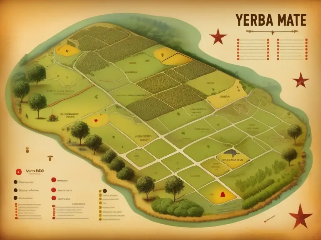 Técnicas de cosecha de yerba mate con GPS: mapa vintage detallado de una plantación, con marcadores GPS estratégicos y paisaje sereno