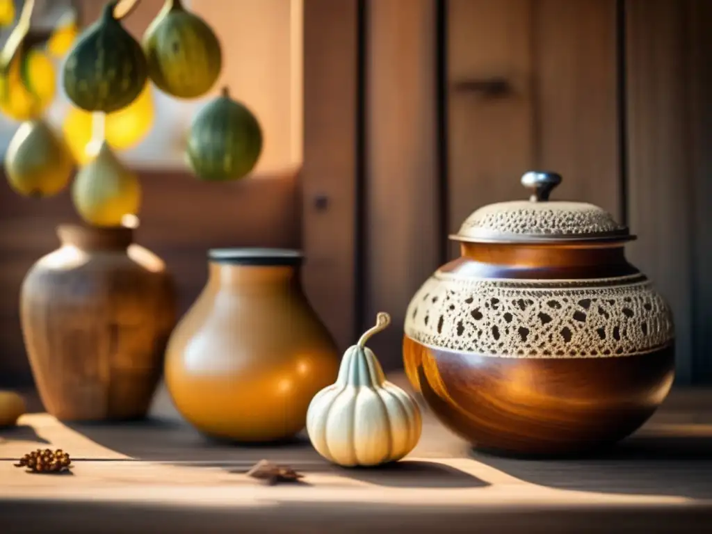 Técnicas para capturar la esencia del mate: mesa de madera envejecida con mate, bombillas y termo rústicos, iluminada por luz cálida