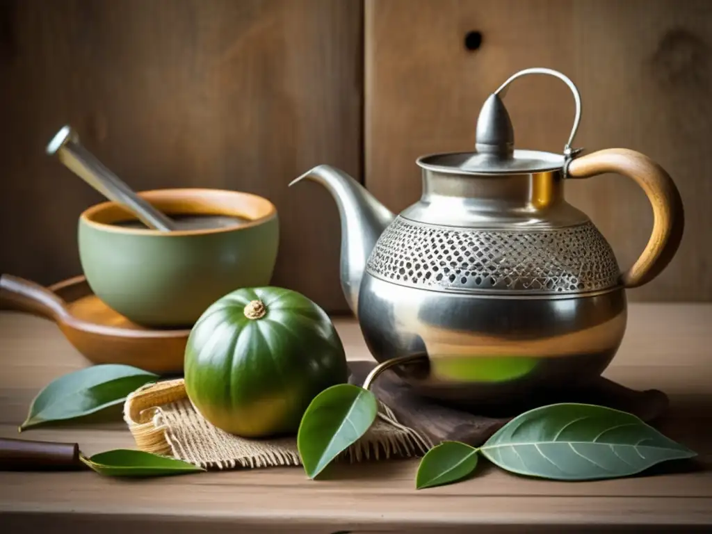 Técnicas modernas cebado mate tradicional - Escena vintage de preparación del mate con yerba mate, mate y bombilla en una mesa de madera rústica