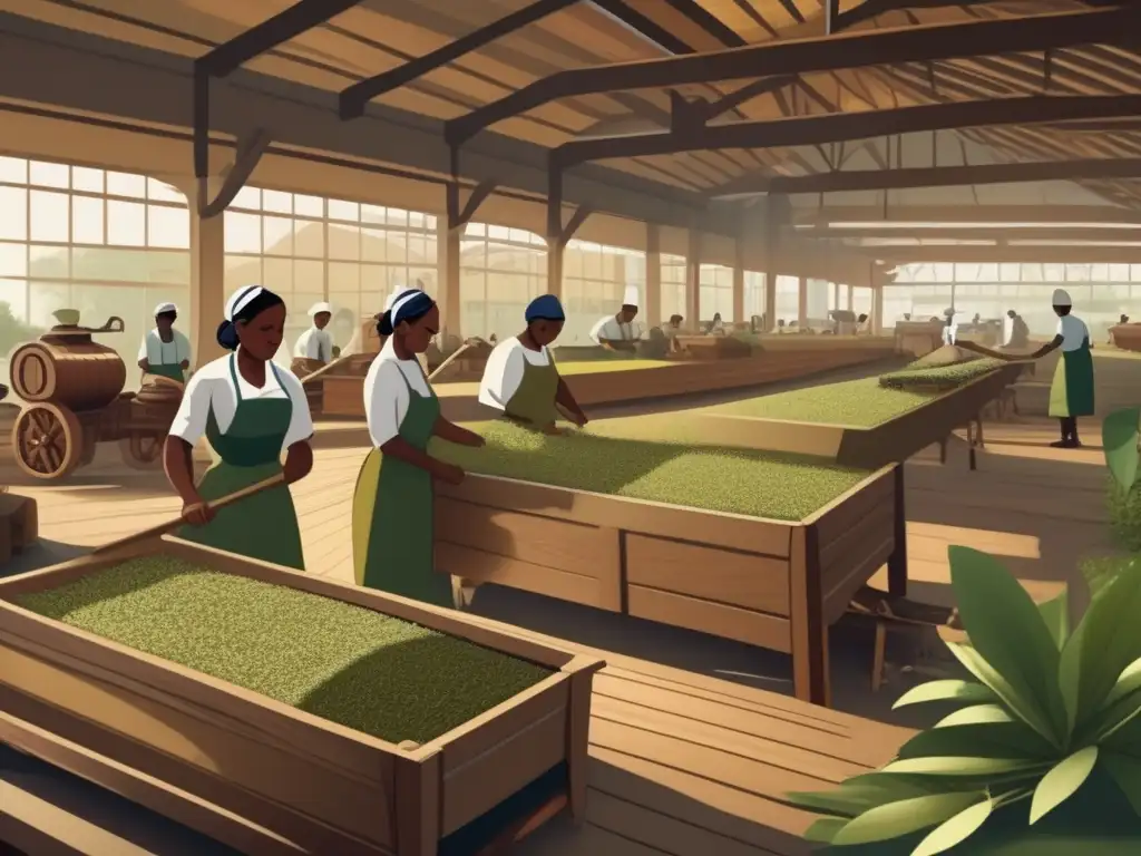 Tecnología transformando industria del mate: ilustración detallada de una fábrica vintage de yerba mate, trabajadores procesando hojas en máquina tradicional, cajas de mate apiladas en segundo plano