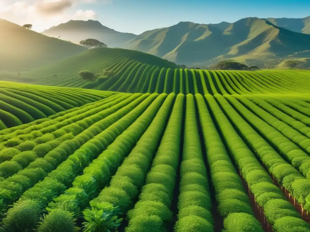 Tecnología sostenible en producción de yerba mate, campo verde con plantas vibrantes y casa de madera