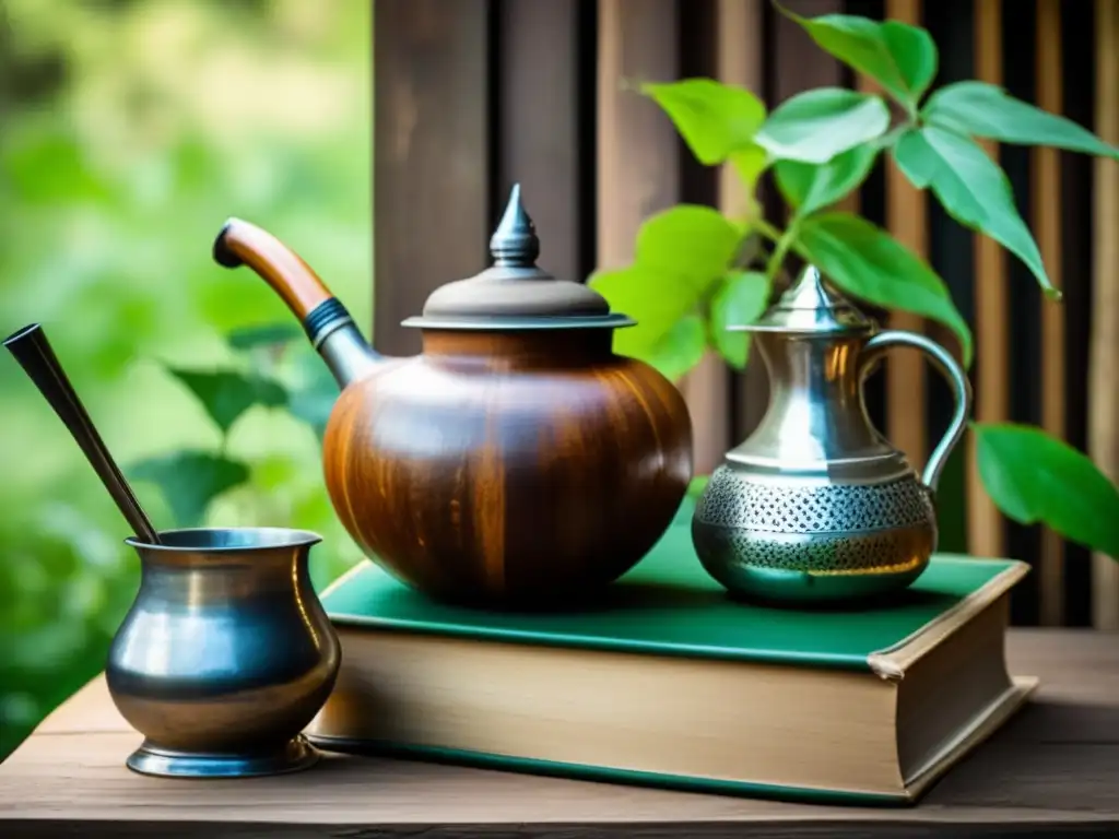 Tendencias innovadoras en mate amargo: mesa de madera vintage con mate, libros y cócteles