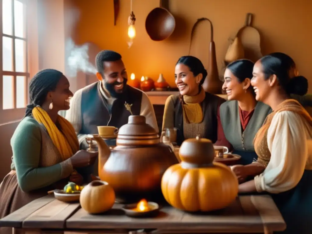 Tendencias innovadoras en mate amargo: Conversación animada alrededor de una mesa de madera con mate, gourds y kettle rústico