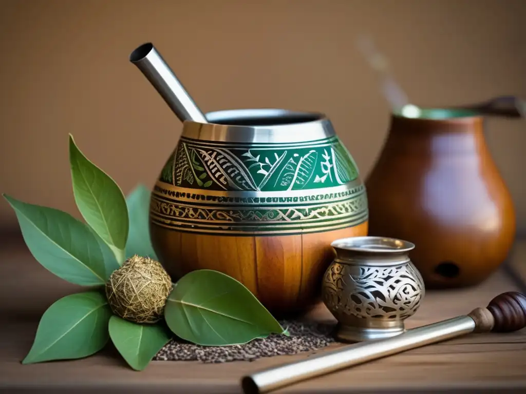 Tendencias yerba mate saborizadas con gourd, bombilla y hojas aromáticas en imagen vintage