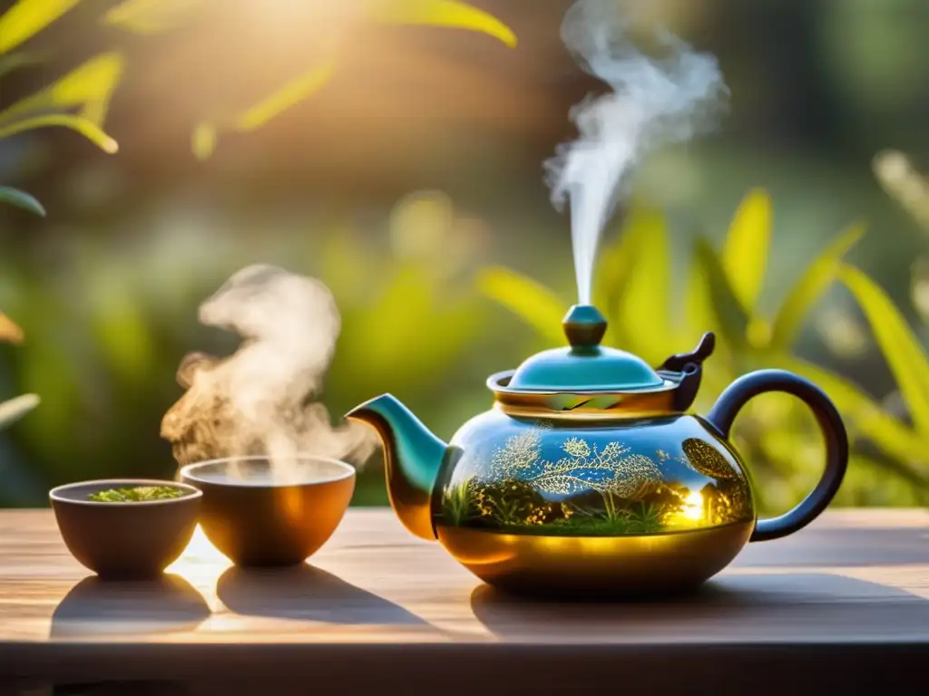 Tisanas de mate para salud: Jardín herbal sereno con teapot de cerámica, hierbas aromáticas y vapor delicado