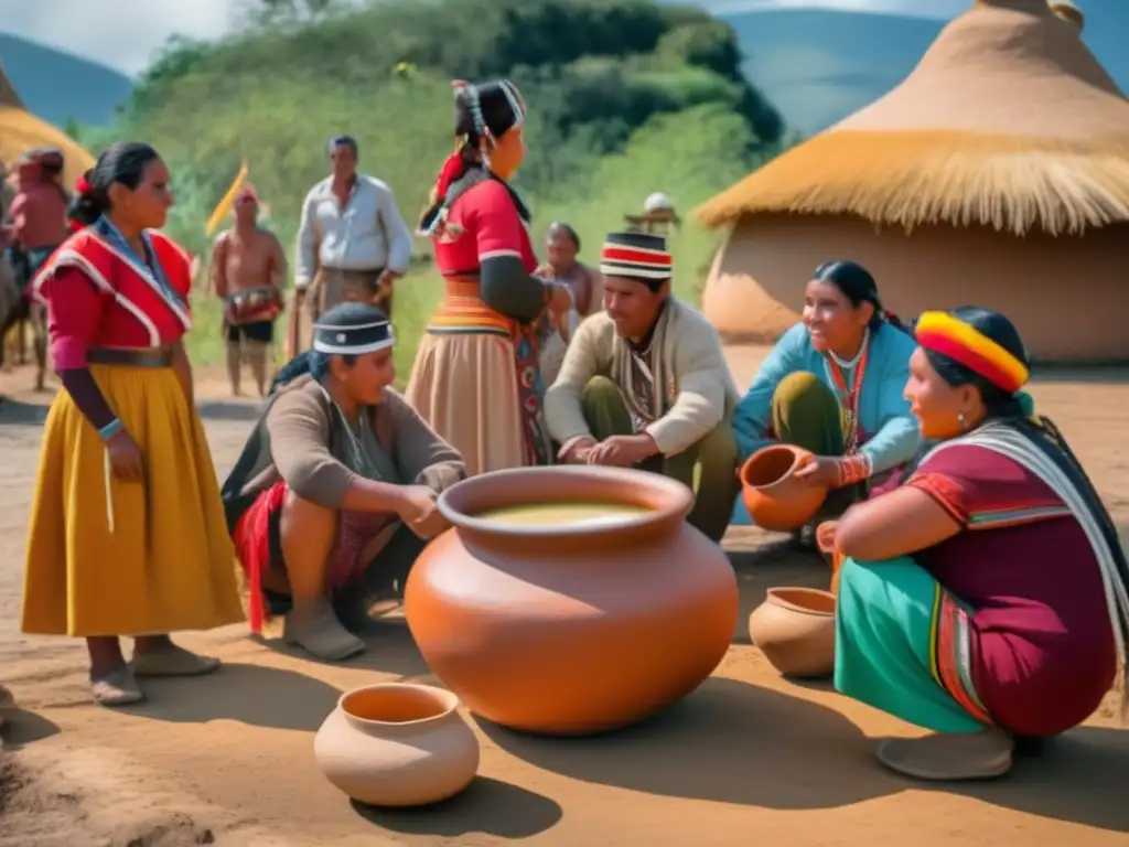 Torneos de Mate Rioplatense: Escena vintage con indígenas preparando la tradicional bebida en una gran olla de barro