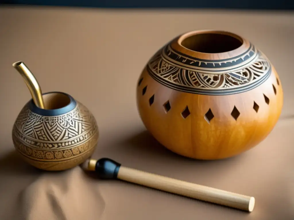 Preservando tradición mate: mate gourd vintage, bombilla, artesanía, diseño tallado, calabaza seca, cultura rioplatense, herencia cultural