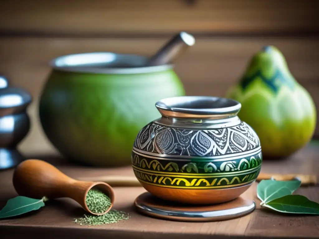 Preservando tradición del mate en una imagen vintage de un set de mate en mesa de madera rústica, con mate gourd, yerba mate y agua caliente