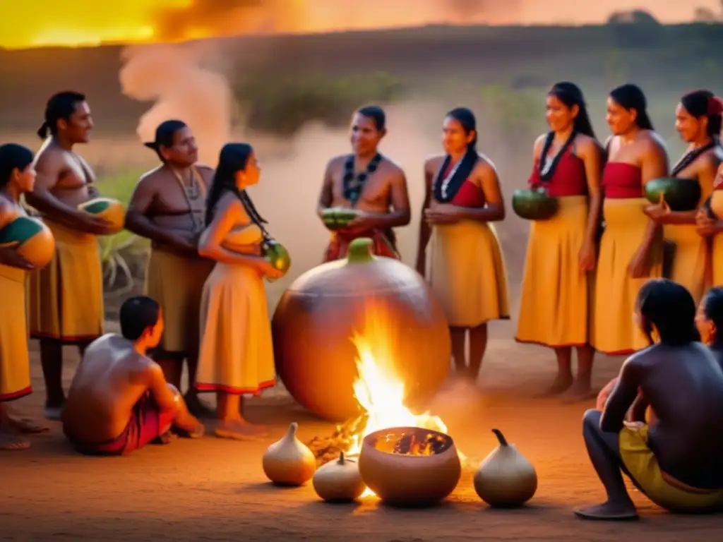 Compartir tradición del mate fuera: Guaraní en trajes tradicionales alrededor de un fuego, mate en mano