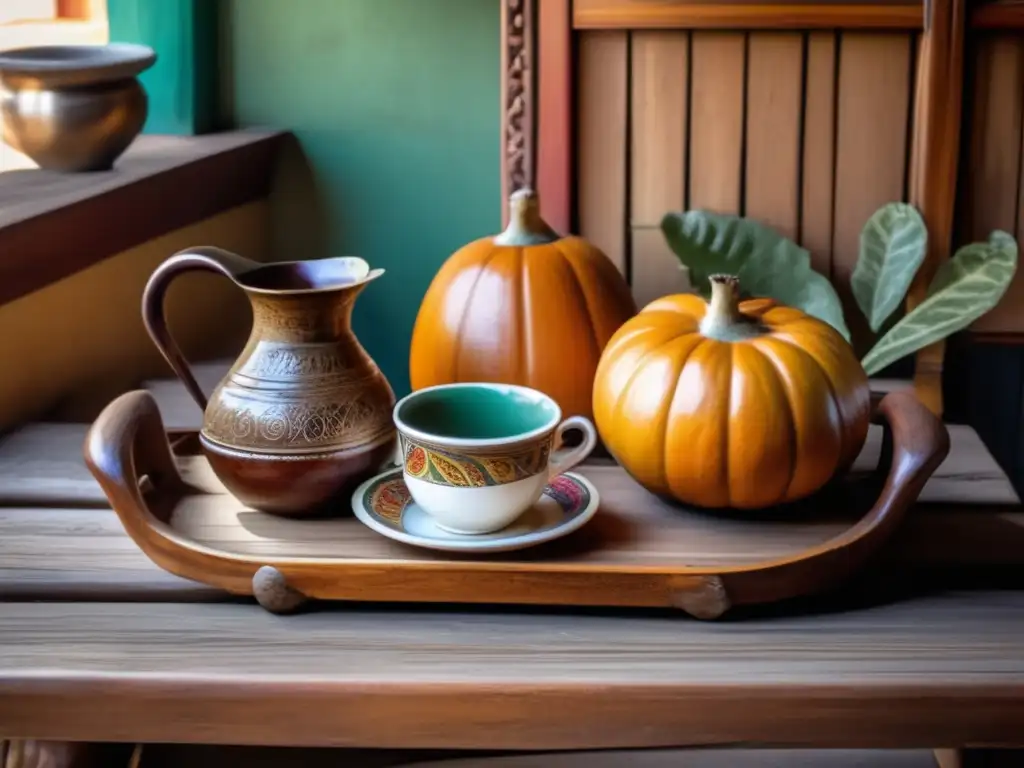 Tradicional café argentino con mate gourd, yerba mate y bombilla rodeados de libros antiguos