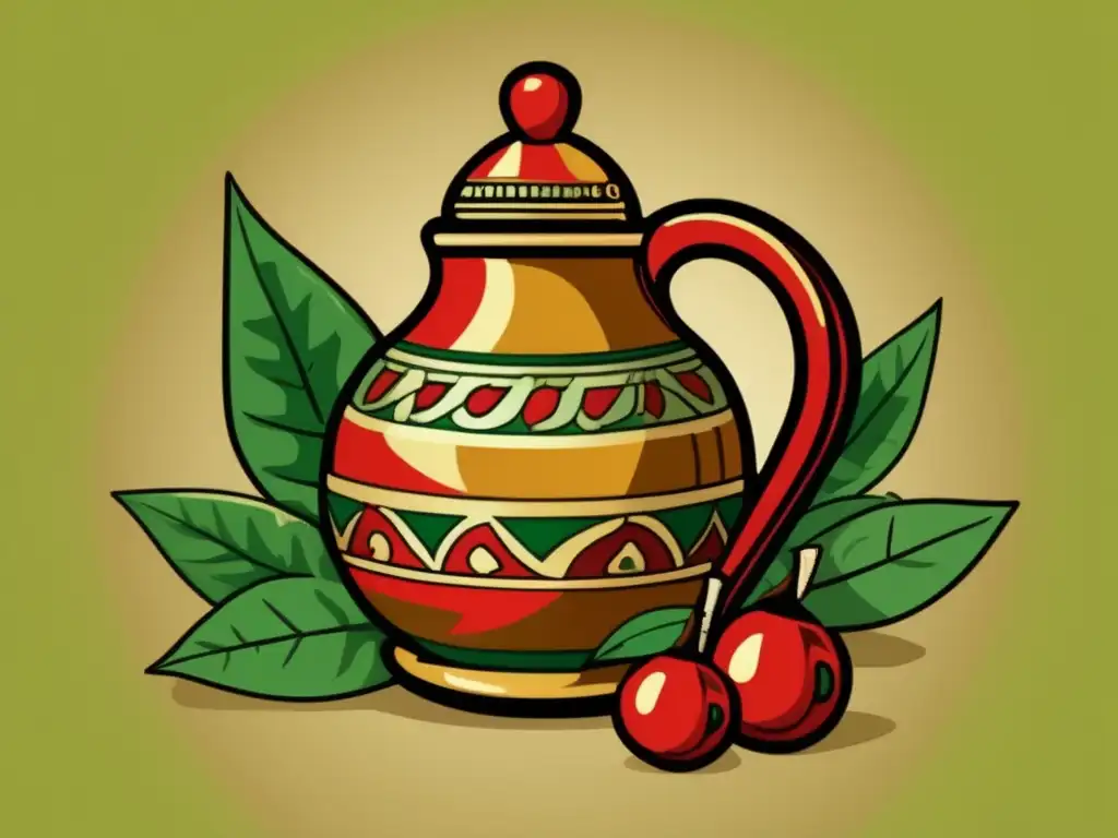 Ilustración vintage de una tradicional bombilla y mate de yerba mate con diseño pintado a mano, rodeado de hojas verdes y bayas rojas