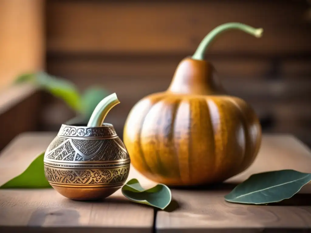 Preparación tradicional de mate: Gourd y bombilla en mesa de madera con hojas de yerba mate y beneficios para sistema inmunológico