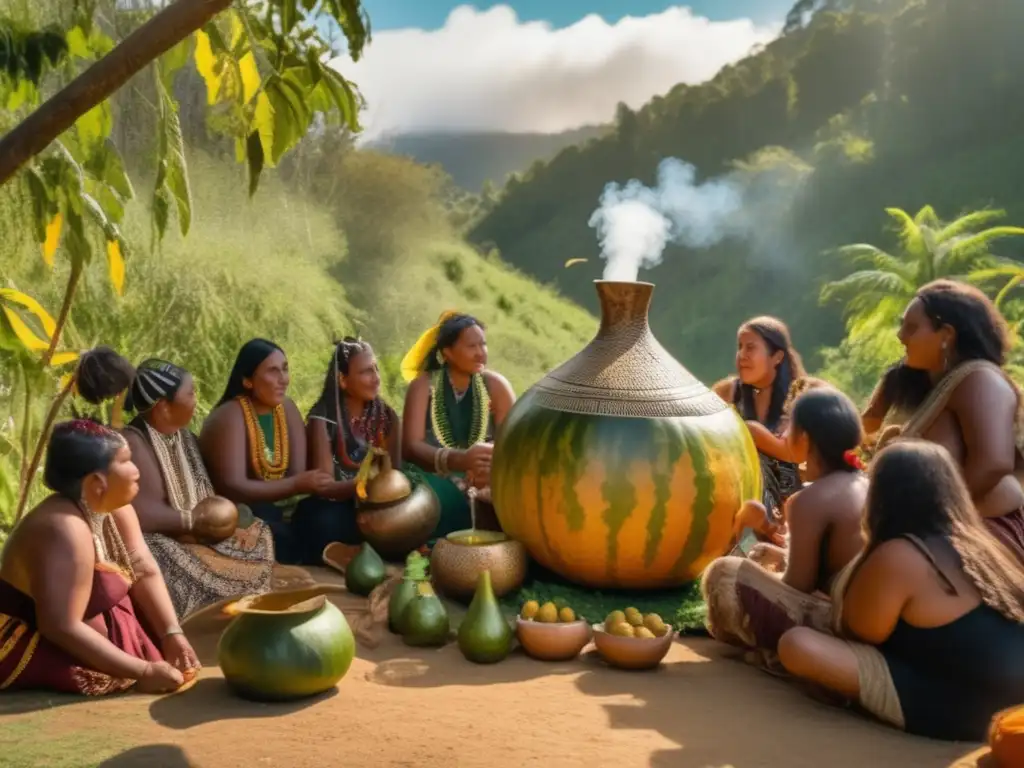 Reunión tradicional alrededor de un mate ornamentado Tradicional comunidad indígena disfruta de yerba mate y vínculo cultural - Propiedades saludables de las yerbas compuestas