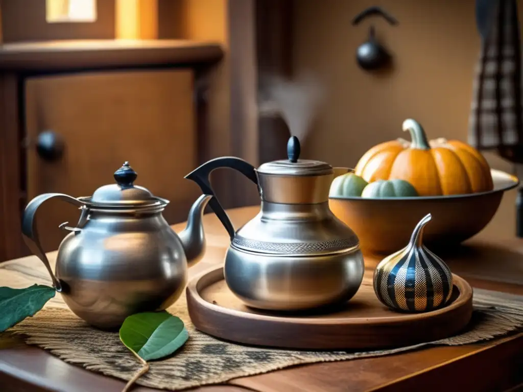 Tradicional escena de preparación de mate con gourd de plata antigua y bombilla de metal vintage