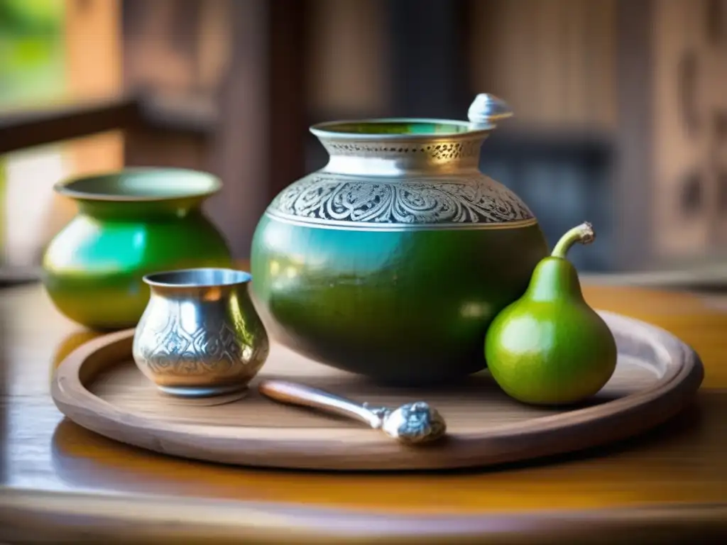 Tradicional escena rioplatense de mate, gourd de plata, yerba mate y bombilla