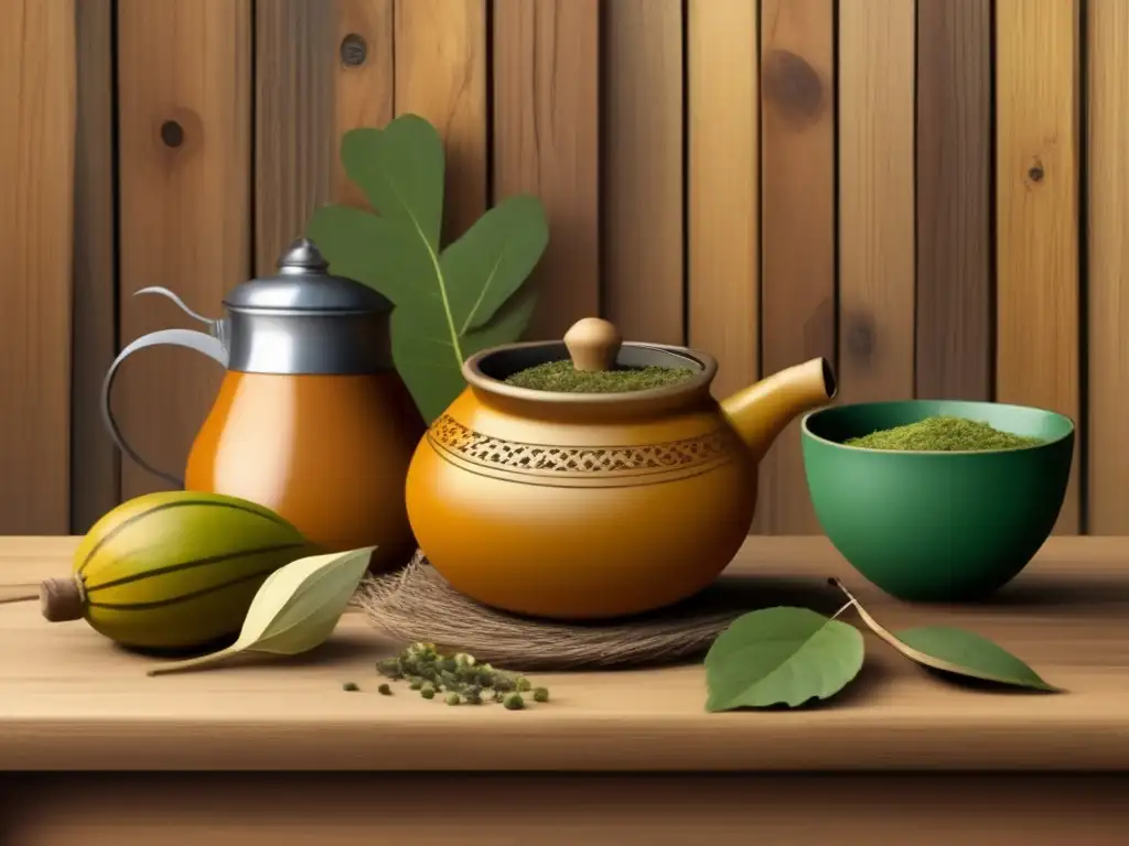 Degustación mate tradicional: Escena rústica con gourd, yerba y thermos (110 caracteres)