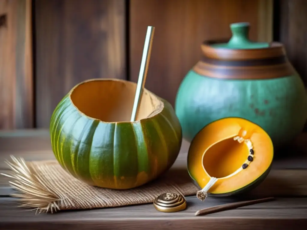 Tereré tradicional con guampa tallada, bombilla antigua y yerba mate variada