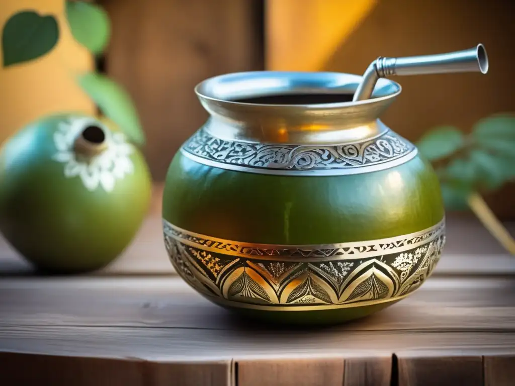 Mate tradicional de yerba mate en mesa de madera Preservación autenticidad yerba mate tradicional - Imagen de mate tradicional en una mesa de madera, con diseño vintage y detalles tallados