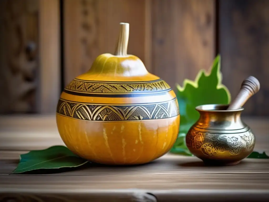 Tradición del mate rioplatense Tradicional mate gourd y bombilla con hermosos diseños tallados a mano, y hojas de yerba mate vibrantes