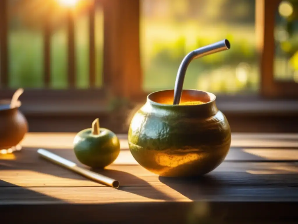 Tradicional mate gourd y bombilla en una mesa rústica con yerba preparada y vapor