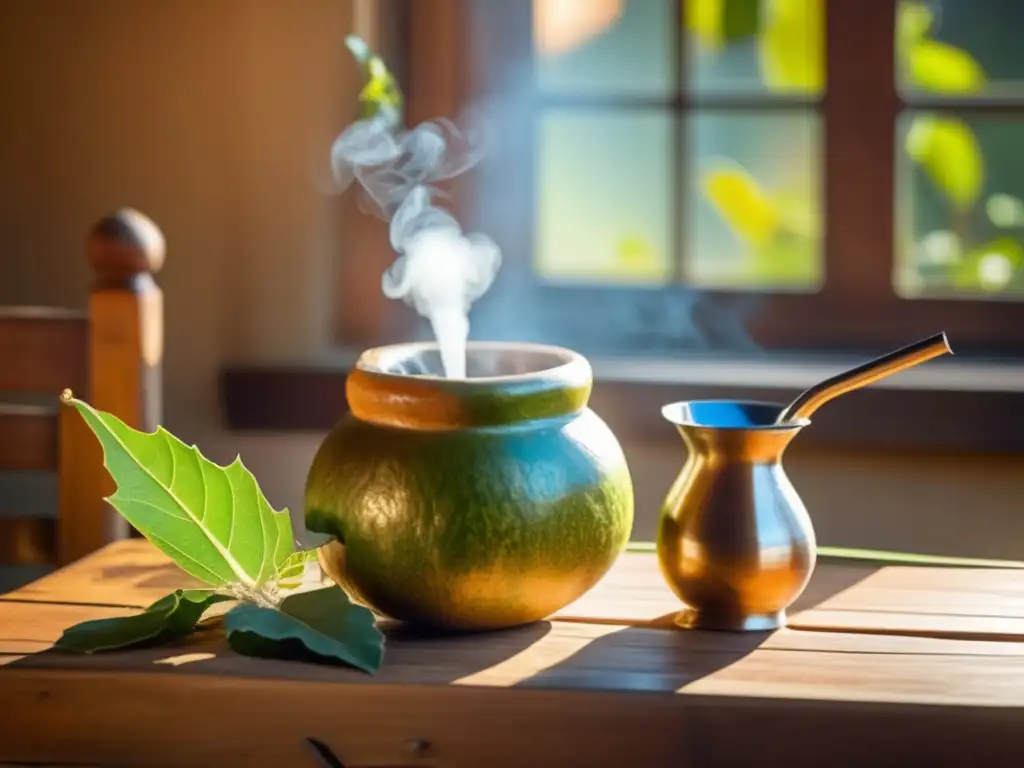 Tradicional mate gourd y bombilla en mesa de madera rústica